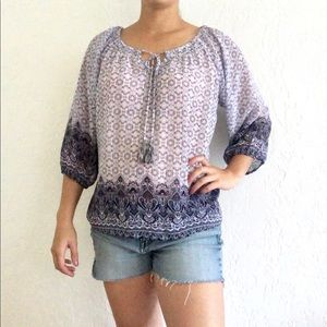 ANTHRO SKIES ARE BLUE Gauzy Boho Tasseled Blouse M